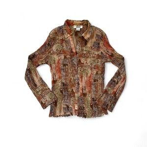 VTG boho mico pleated patterned collard button down long‎ sleeve top M
